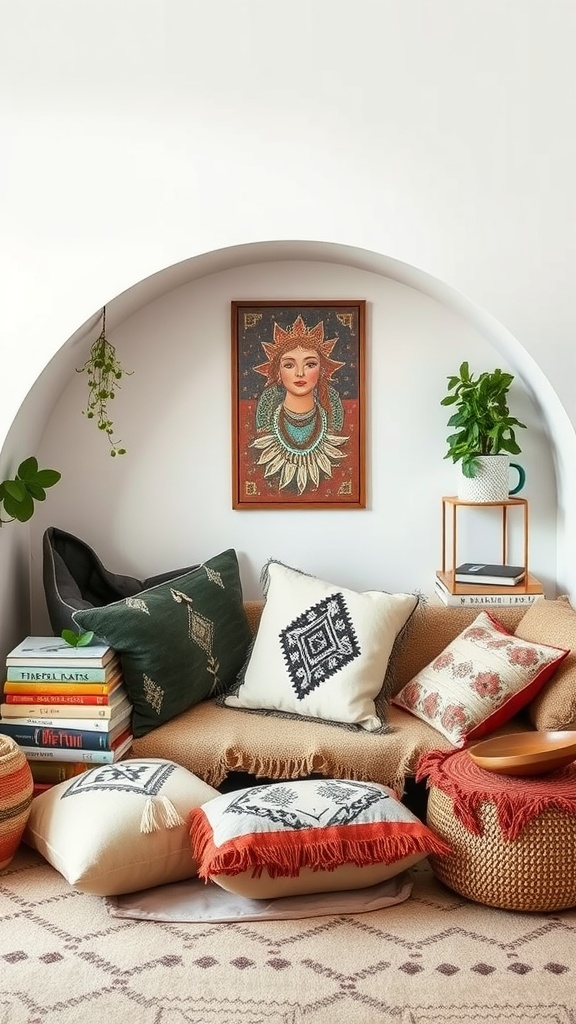 A cozy nook with a seating area filled with colorful pillows, a wall-mounted artwork, plants, and stacked books.