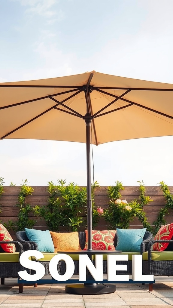 Chic outdoor umbrella providing shade over a patio seating area with colorful cushions