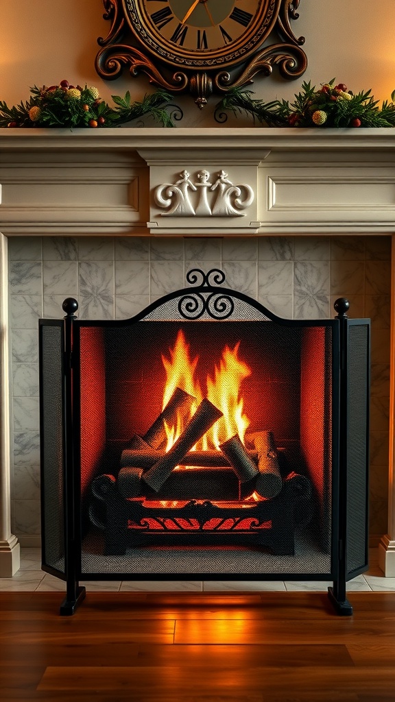 A cozy fireplace with a decorative black fire screen and warm flames, surrounded by festive decor.