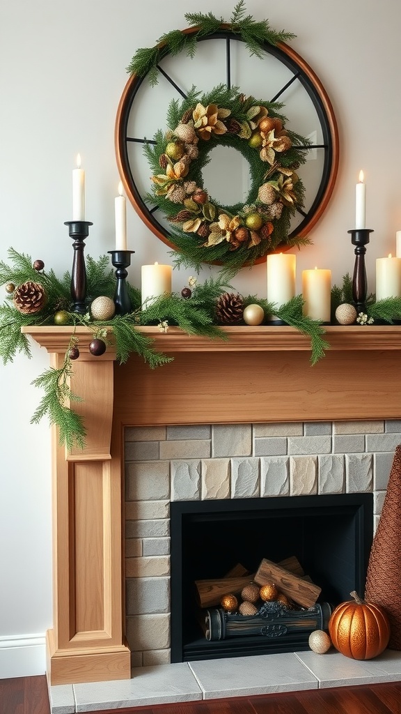 A cozy fireplace mantel decorated with a wreath, candles, pinecones, and pumpkins.