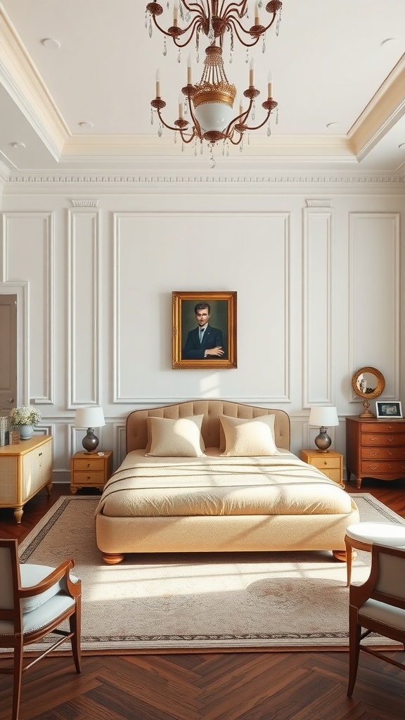 Elegant classic bedroom layout with a chandelier, vintage portrait, and warm-toned furnishings.