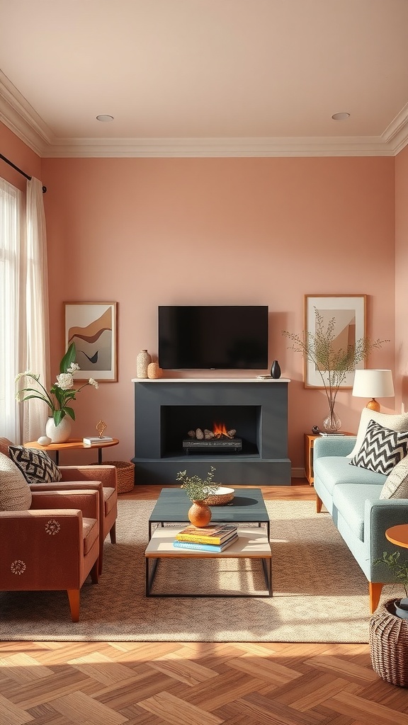 A cozy living room featuring peach walls, a blue fireplace, terracotta chairs, and a light blue sofa with decorative plants.