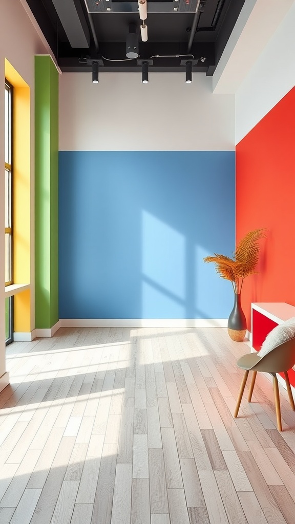 A room featuring color blocked walls in blue, green, yellow, and red with modern furniture.