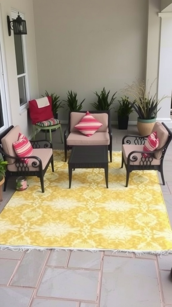 Cozy outdoor patio with a yellow rug and comfortable seating