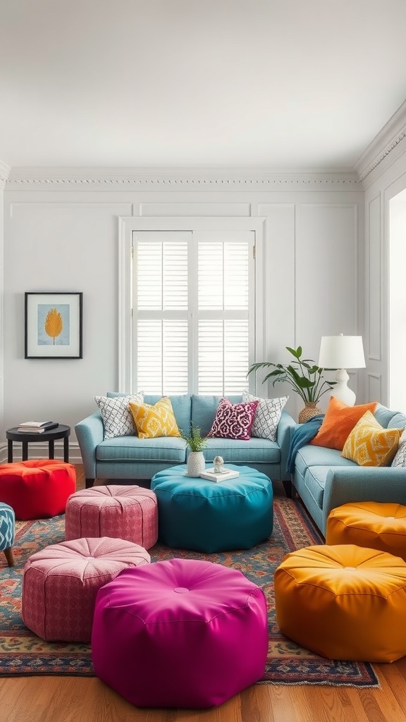 Living room featuring colorful poufs and ottomans in various shades, styled with a blue couch and vibrant decor.