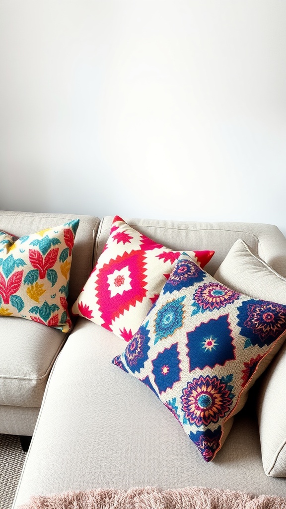 A couch with colorful throw pillows featuring various patterns.