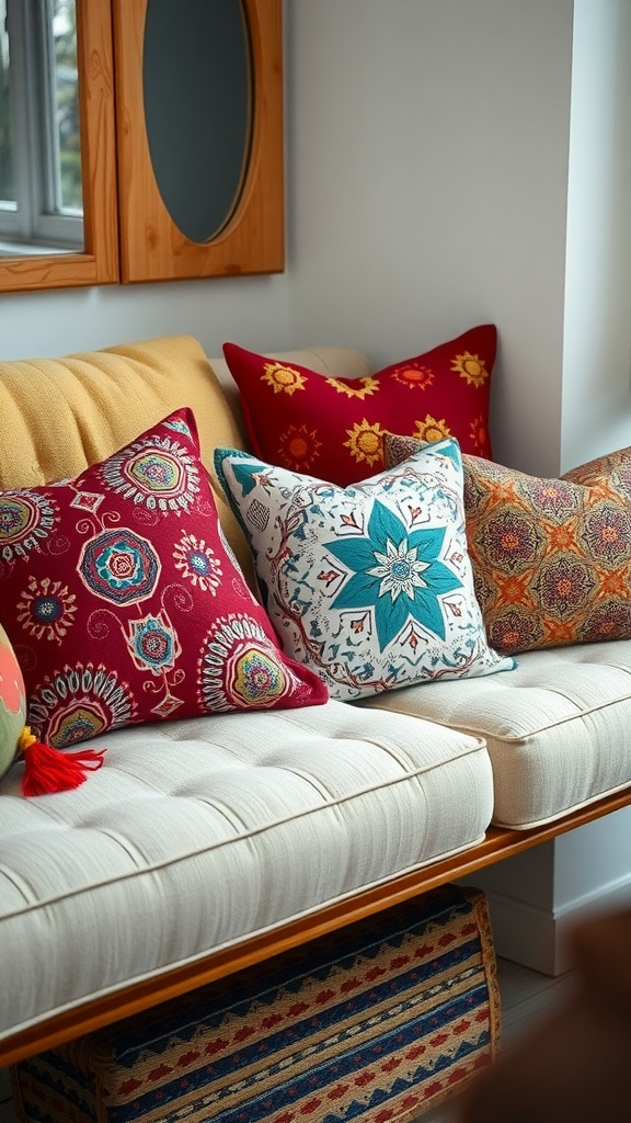 A cozy sofa with various colorful throw pillows in vibrant patterns.