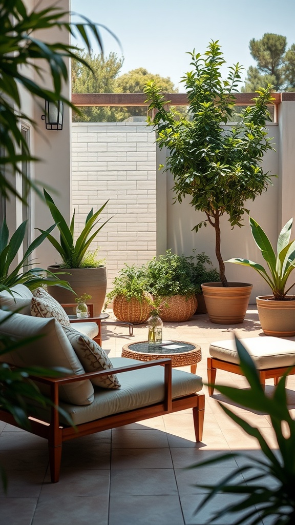 Outdoor patio scene with comfortable lounge chairs and greenery.