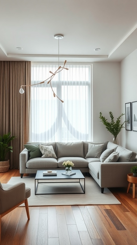 Cozy living room featuring a gray sectional sofa, a coffee table, and natural light from a large window