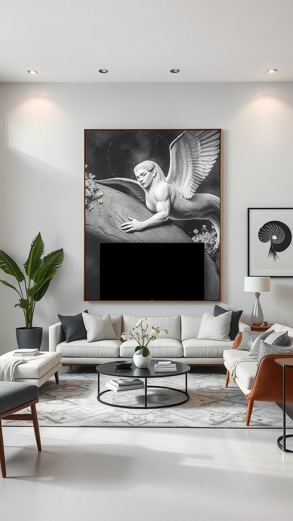 A modern living room featuring a striking black and white contemporary art piece with a winged figure, complemented by stylish furniture.