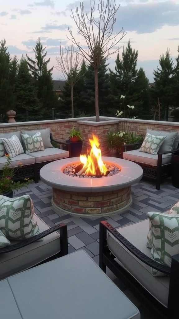 Cozy outdoor fire pit area with seating and plants