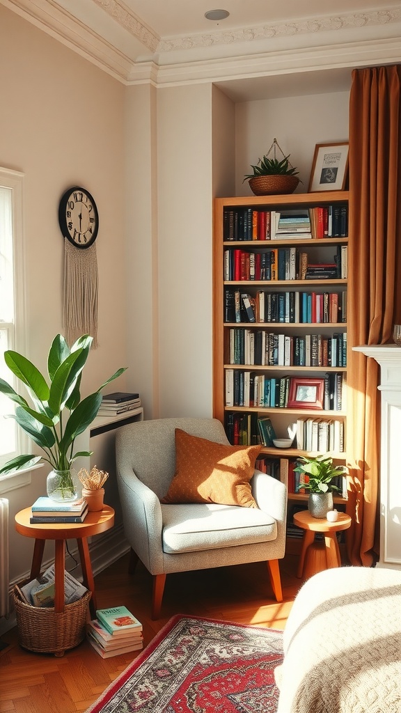 A cozy reading nook featuring a gray armchair, a bookshelf filled with books, and a potted plant in a well-lit corner