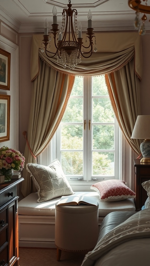 Cozy reading nook by a window with cushions and a book