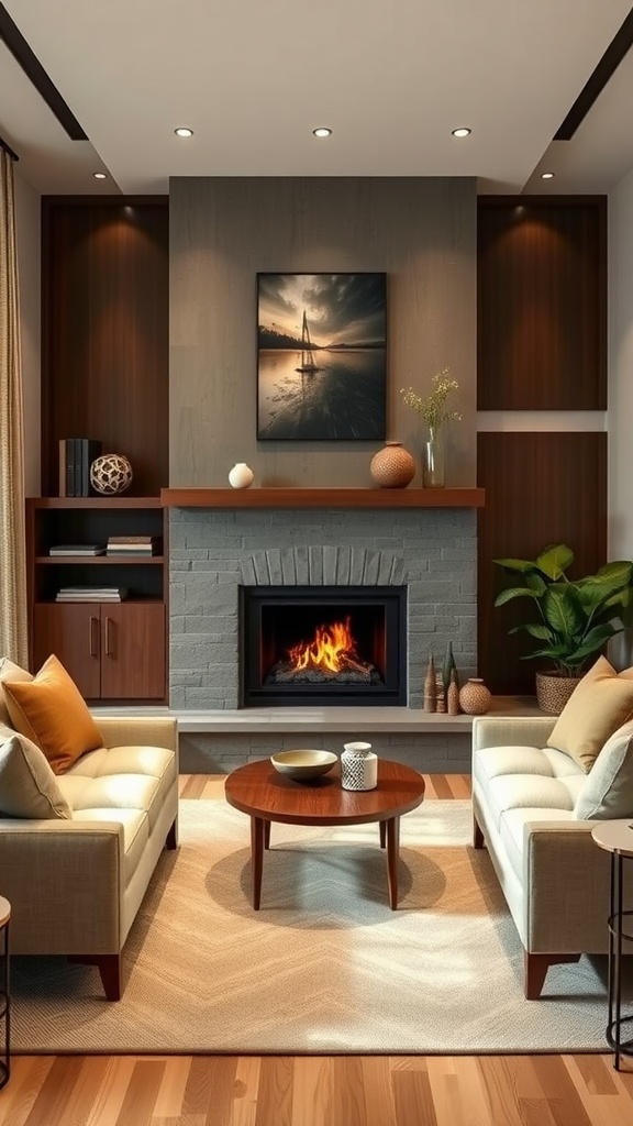 Cozy living room with a fireplace, two sofas, a wooden coffee table, and decorative elements.