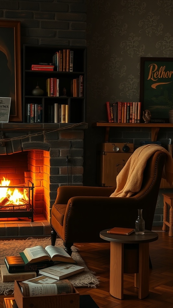 A cozy reading nook featuring an armchair, fireplace, and books arranged in a warm, inviting setting.