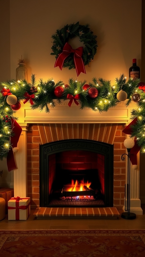A cozy fireplace decorated with garlands, ornaments, and a wreath, set in a warm living room.