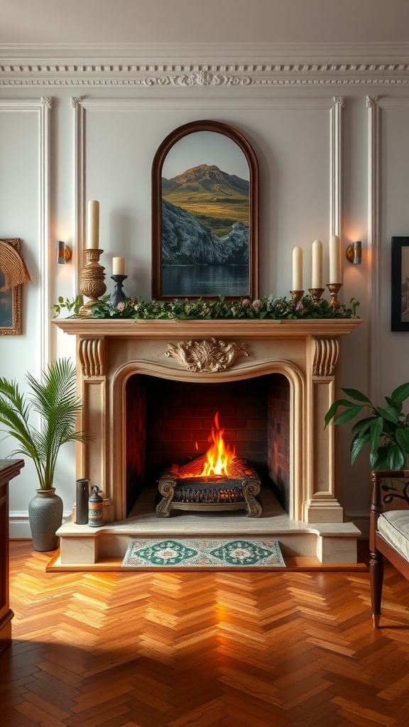A cozy fireplace with a decorated mantel featuring candles, greenery, and a landscape painting above it.