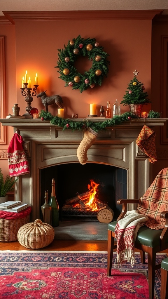 A cozy fireplace decorated with warm colors, candles, and holiday elements.