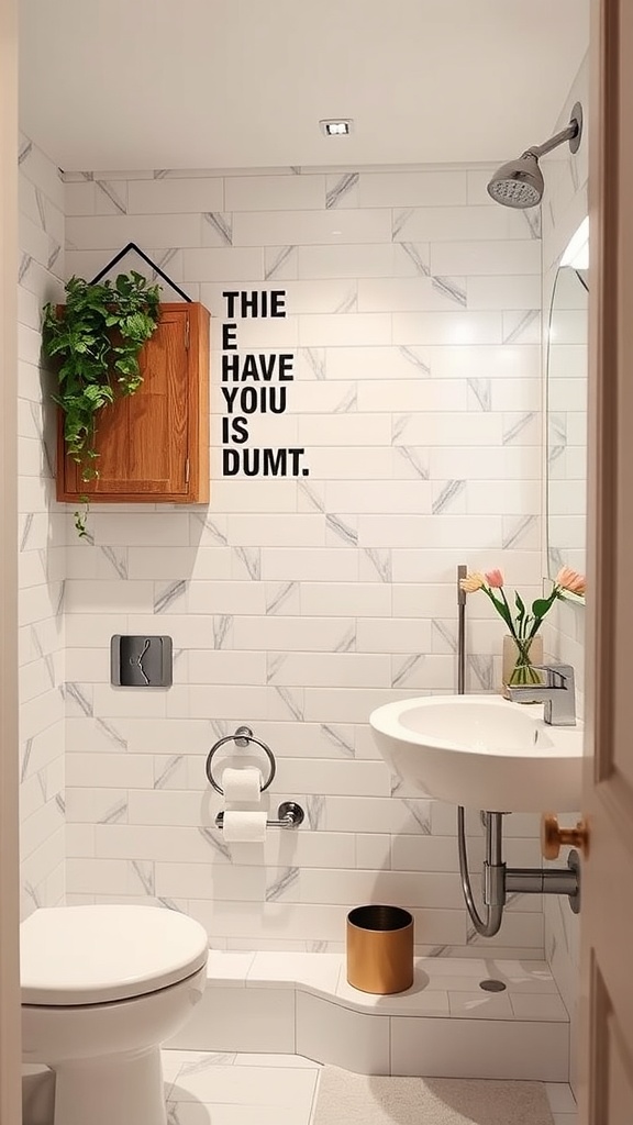 A modern bathroom featuring marble tiles, a wooden cabinet with a plant, playful wall text, and a flower arrangement.