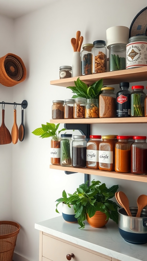 A kitchen shelf displaying jars of spices and herbs, alongside fresh plants and wooden cooking utensils.