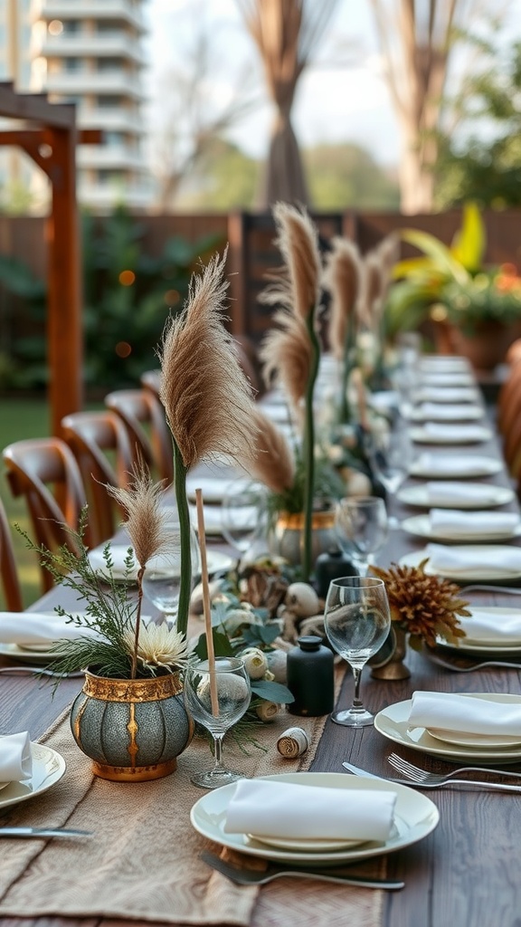 An elegantly set outdoor dining table featuring pampas grass centerpieces, glassware, and a rustic table runner.