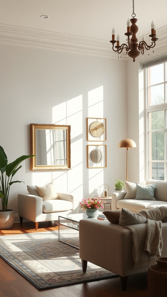 A bright and stylish living room featuring a large mirror, soft seating, and playful decor elements.