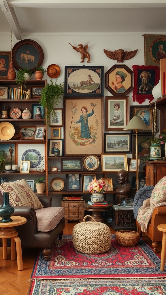 A cozy room filled with framed art, vintage decor items, and cultural artifacts on shelves and walls.