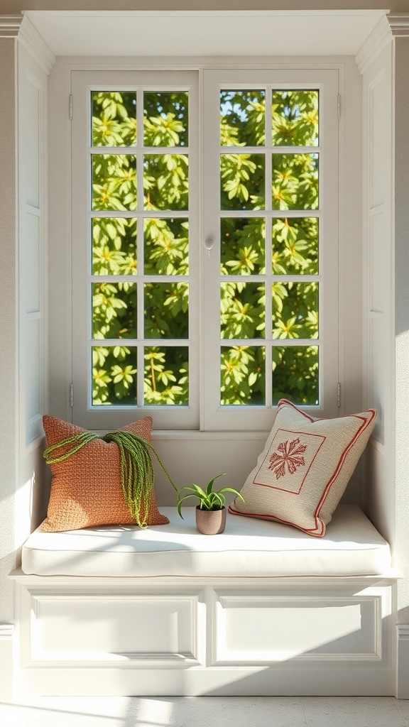 A cozy cushioned window seat with decorative pillows and a small plant, framed by large windows showcasing greenery outside