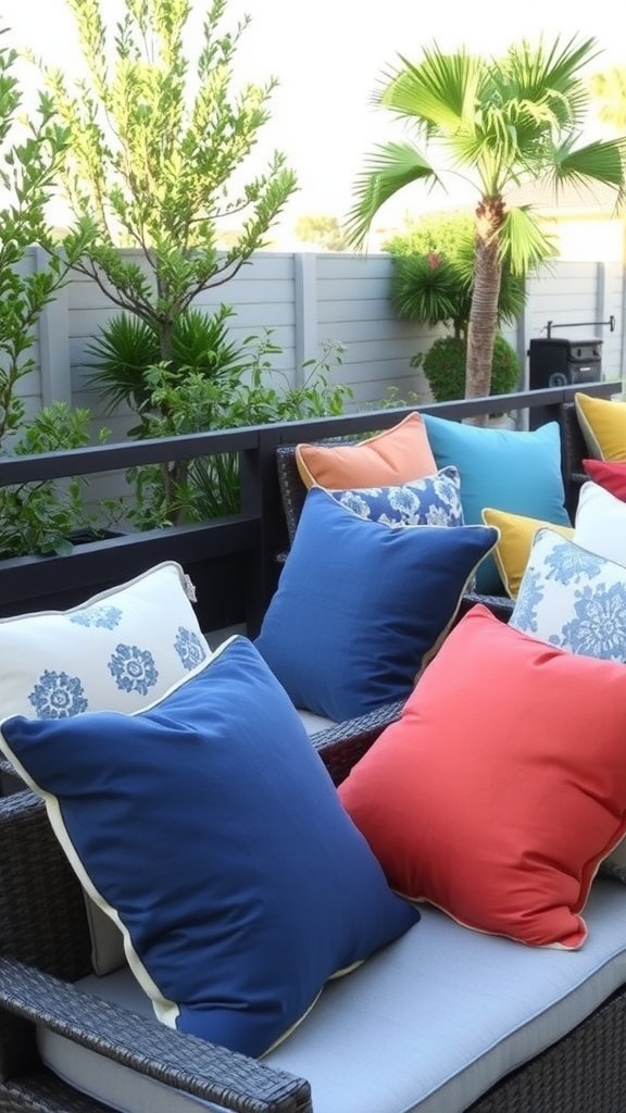 Colorful outdoor cushions on a patio sofa surrounded by greenery