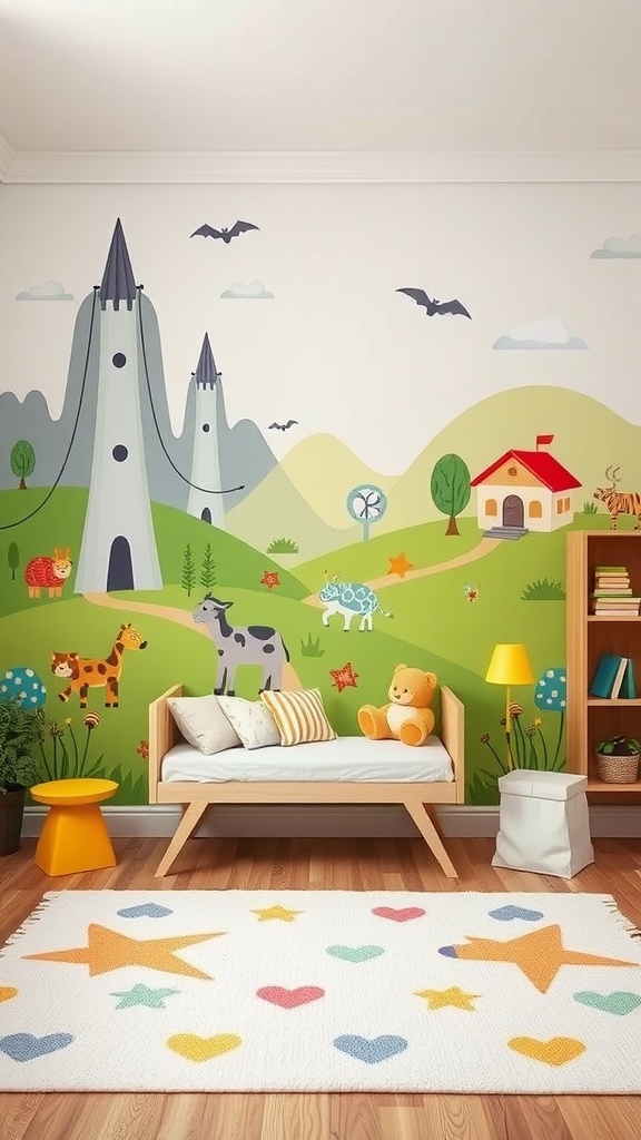 A colorful customized wall mural featuring whimsical castles and playful animals in a child's room.