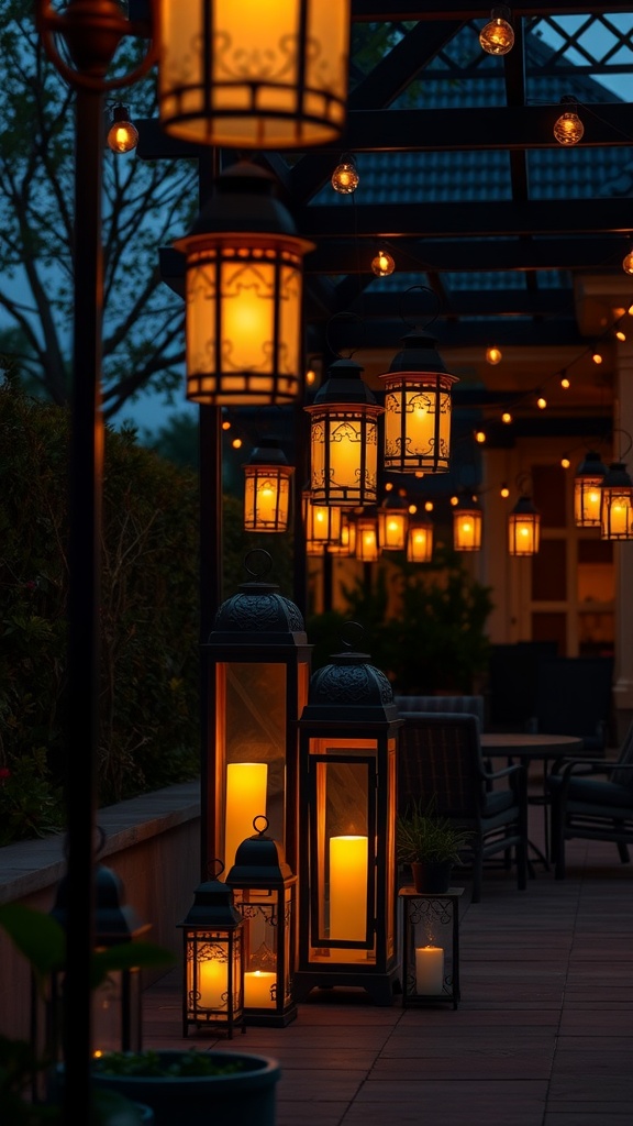 A collection of decorative lanterns illuminated in a cozy outdoor patio setting during the evening.