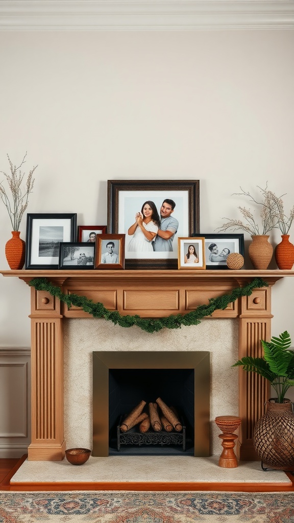 A cozy fireplace mantel displaying a variety of family photos in different frames, with decorative elements like vases and greenery.