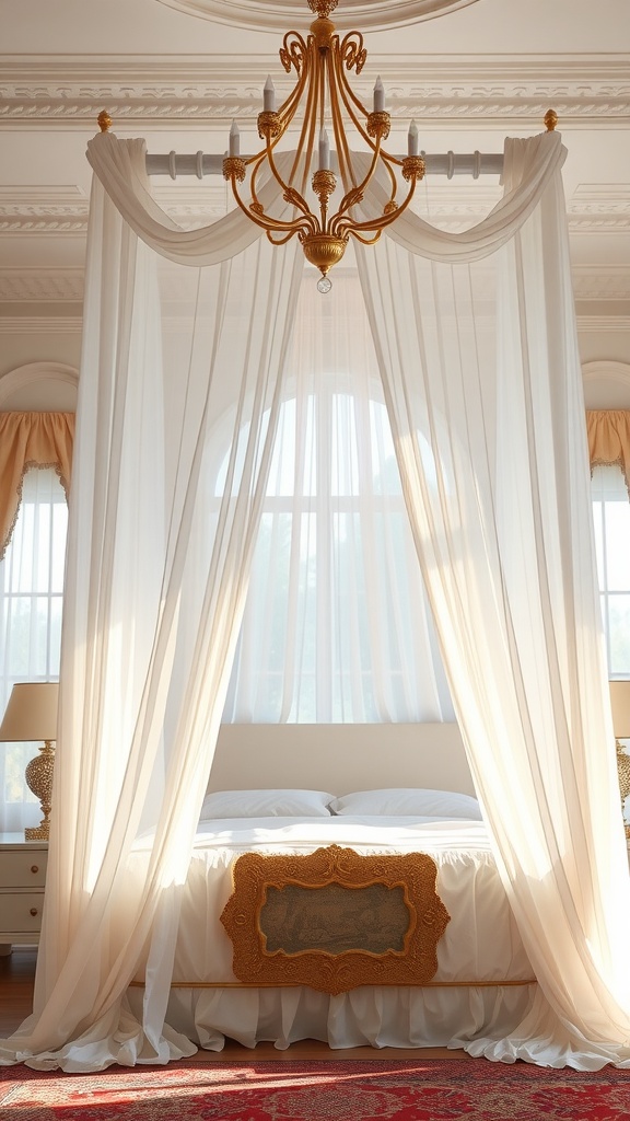 Elegant bedroom with dreamy canopy drapes and a chandelier