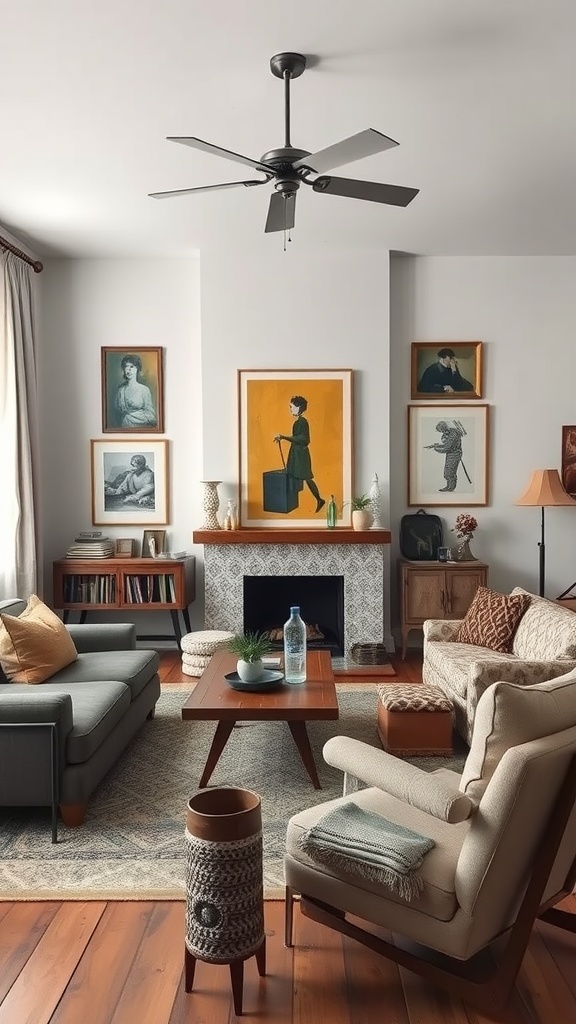 A cozy living room featuring a mix of modern and vintage furniture, with colorful artwork on the walls.