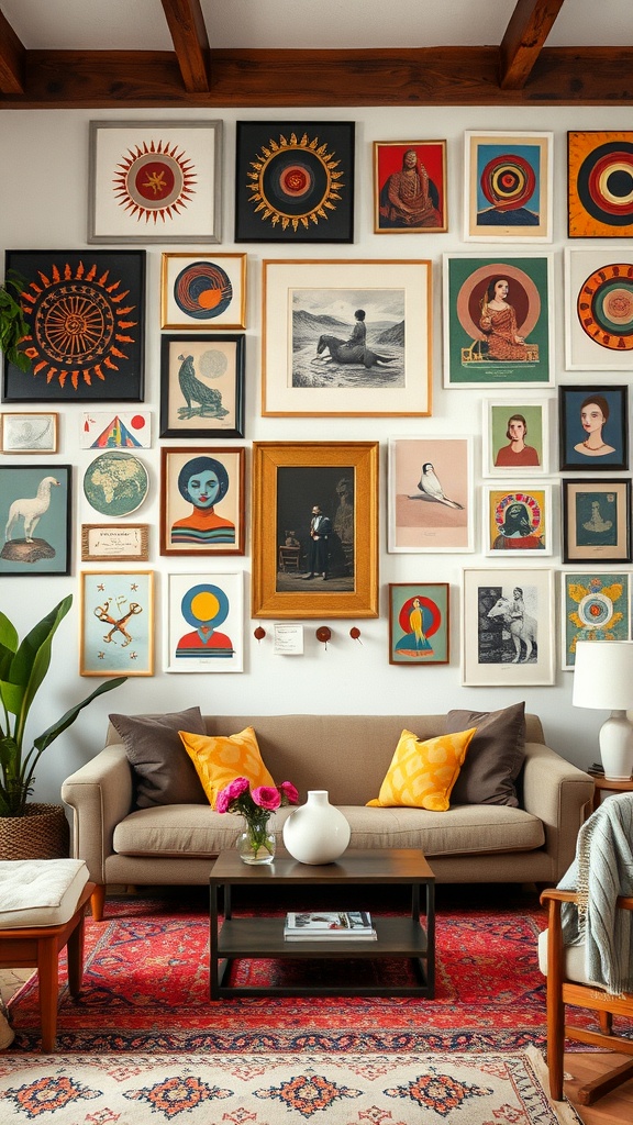 Eclectic wall art display with various framed artworks above a couch in a cozy setting