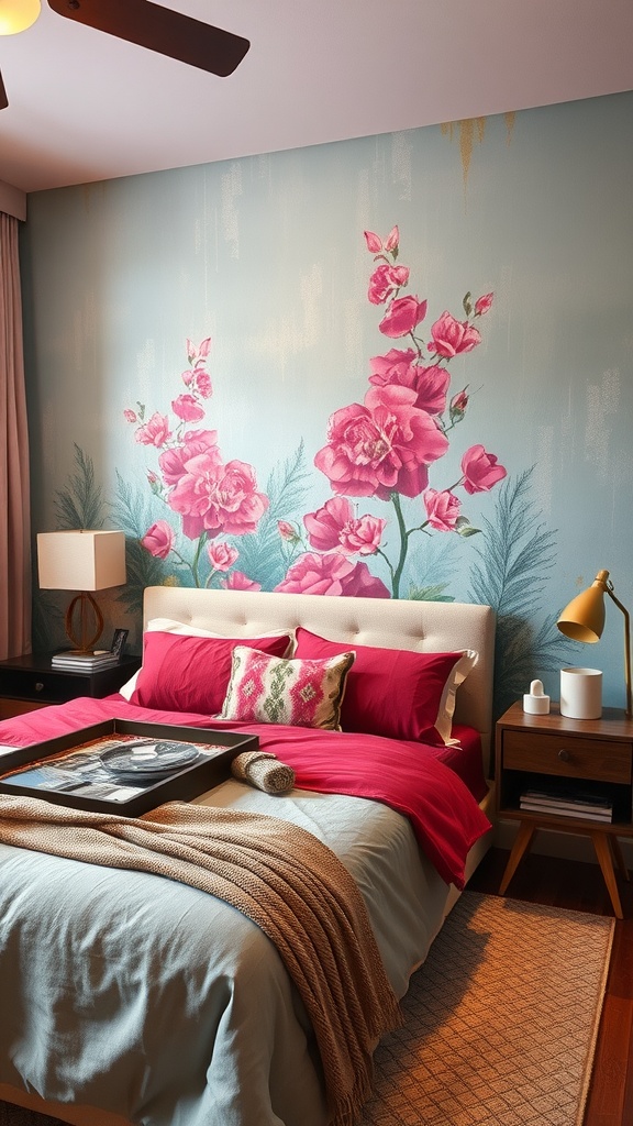 Elegant bedroom featuring a floral accent wall with pink flowers against a blue background.