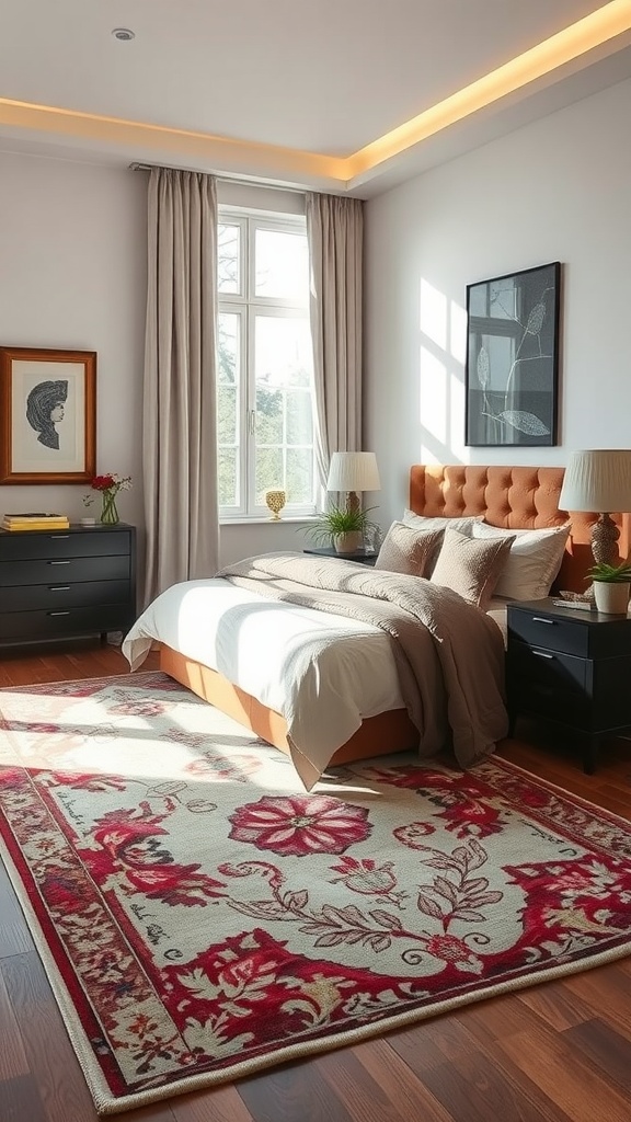 Elegant bedroom featuring a floral area rug, a cozy bed, and neutral decor