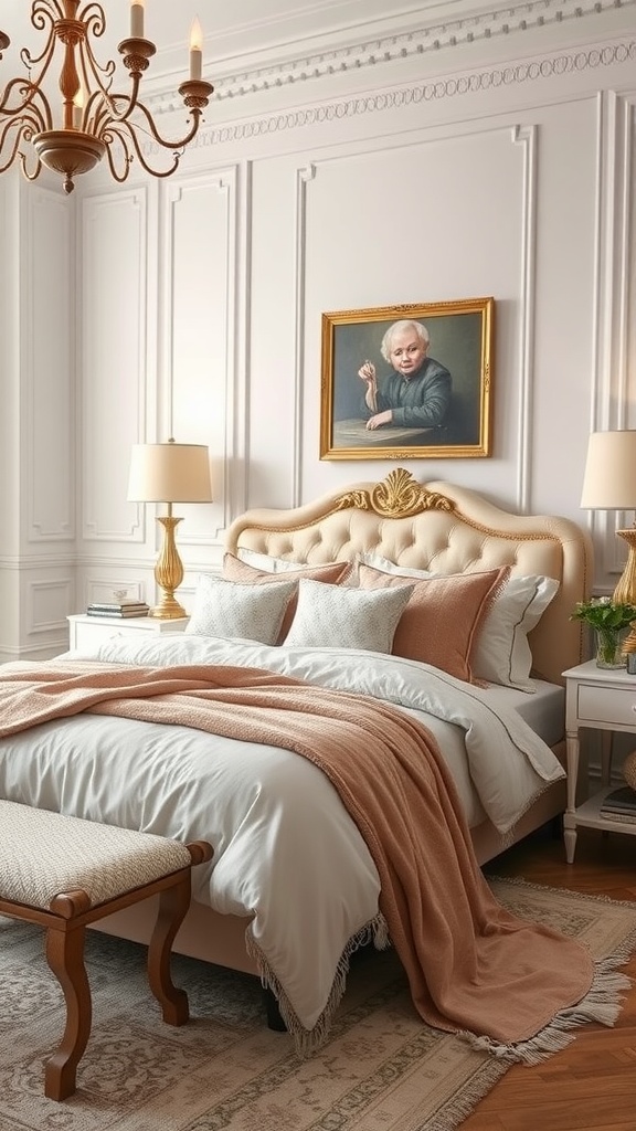 Elegant bedroom featuring soft white bedding with a coral throw, ornate headboard, and stylish decor.