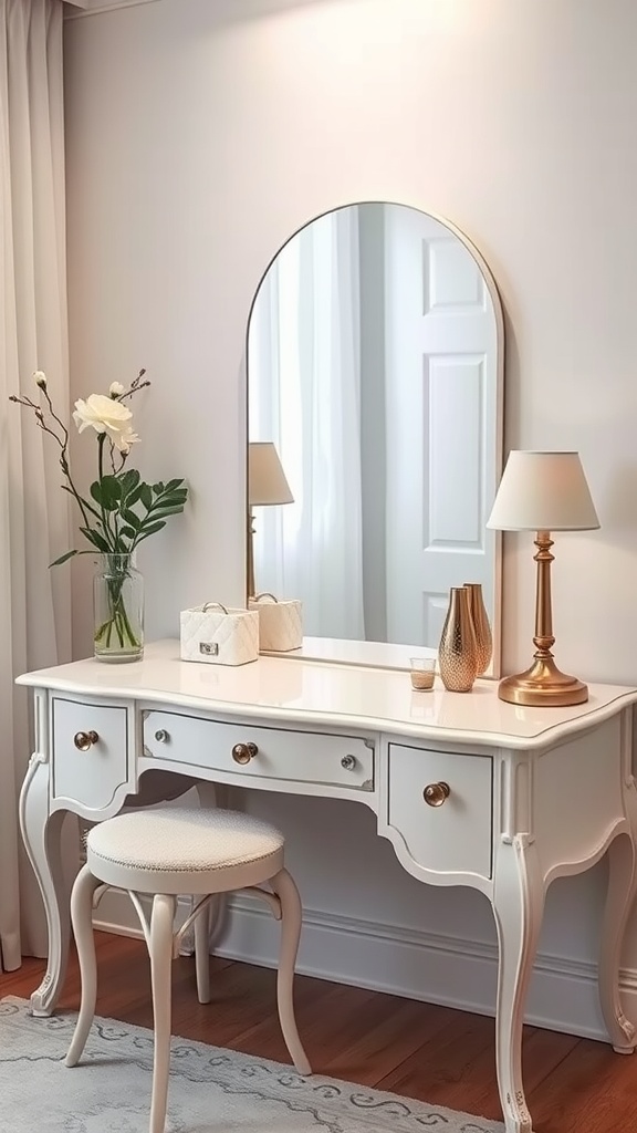 Elegant dressing table with a mirror, lamp, and decorative accessories