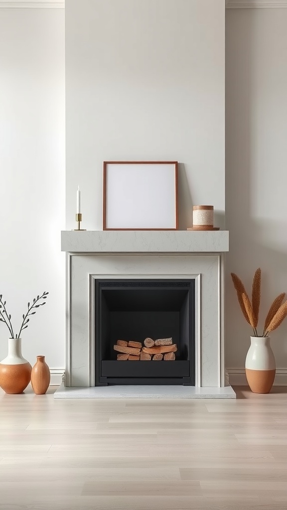A minimalist fireplace decor featuring a sleek design with stacked firewood, simple candles, and vases.