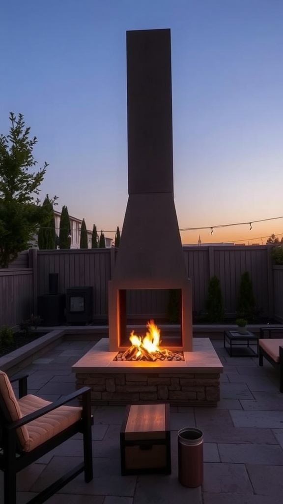 A modern outdoor fireplace with seating area, illuminated by a warm fire during dusk.