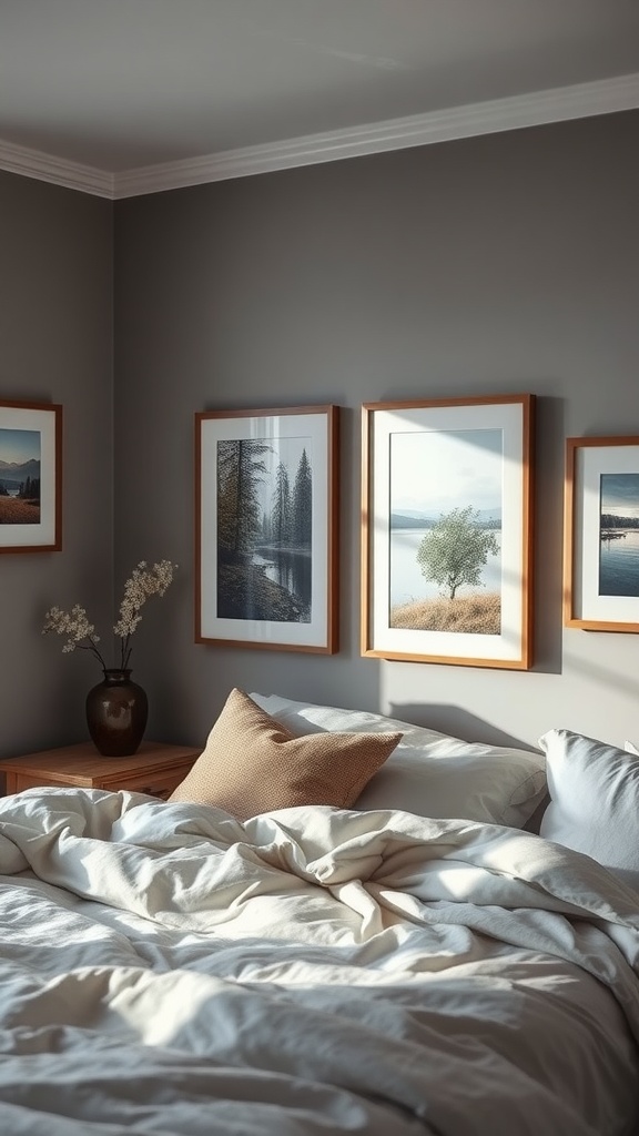 A cozy bedroom featuring framed nature prints on the wall, a comfortable bed with soft bedding, and a vase with dried flowers.