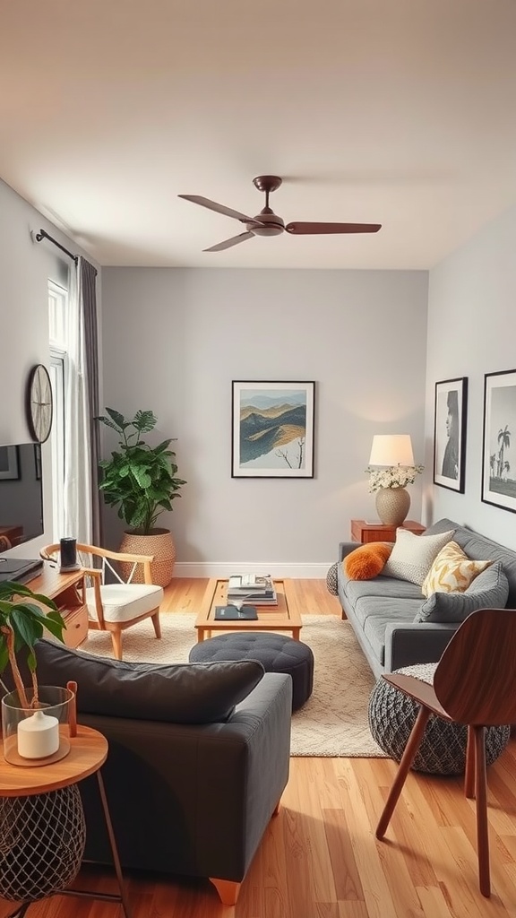 A cozy living room featuring a gray color palette, wooden floors, stylish furniture, and decorative plants.