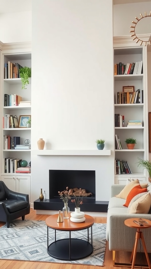 Living room with functional shelving units filled with books and decorative items