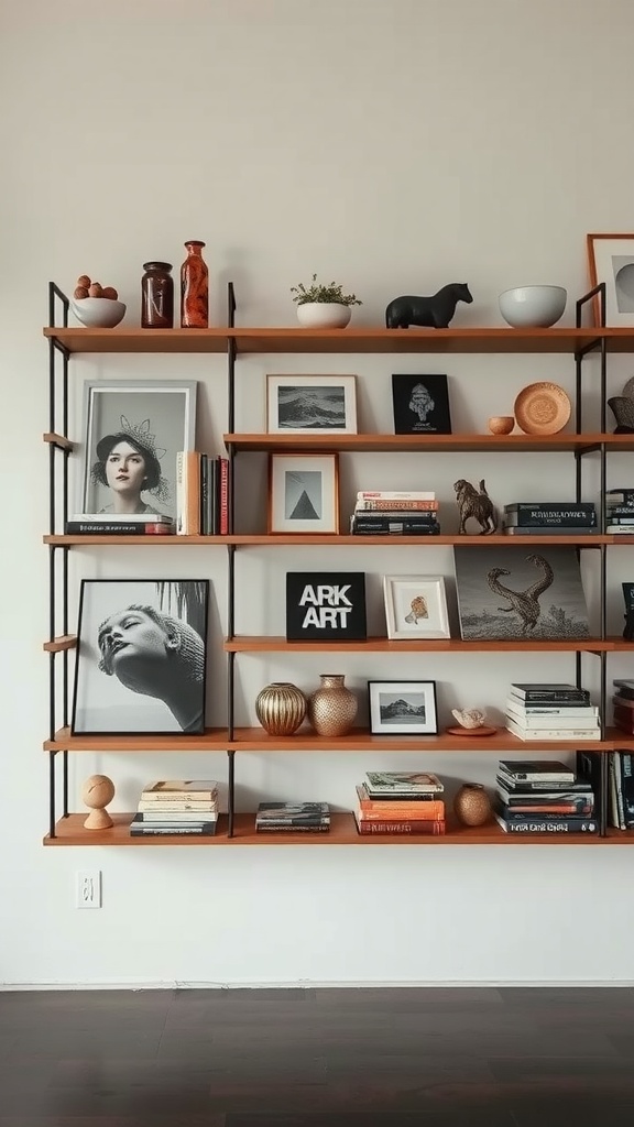 Gallery-style shelving with art, books, and decorative objects