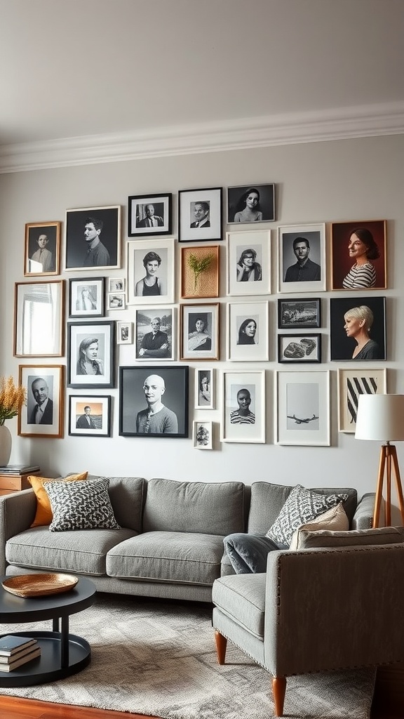 A stylish living room featuring a gallery wall of black and white photographs and art above a comfortable gray sofa.