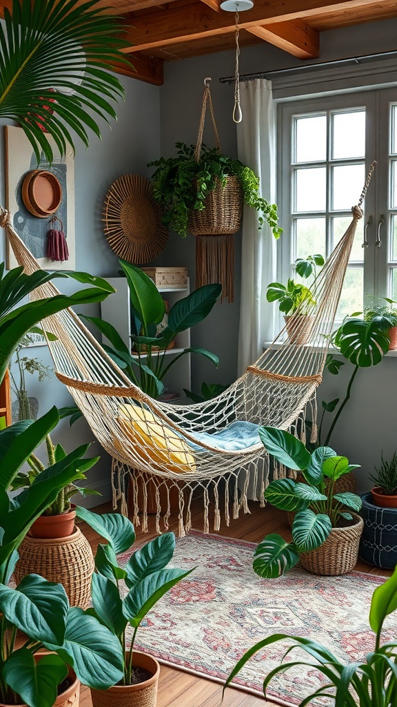 A cozy hammock surrounded by plants in a bright room.