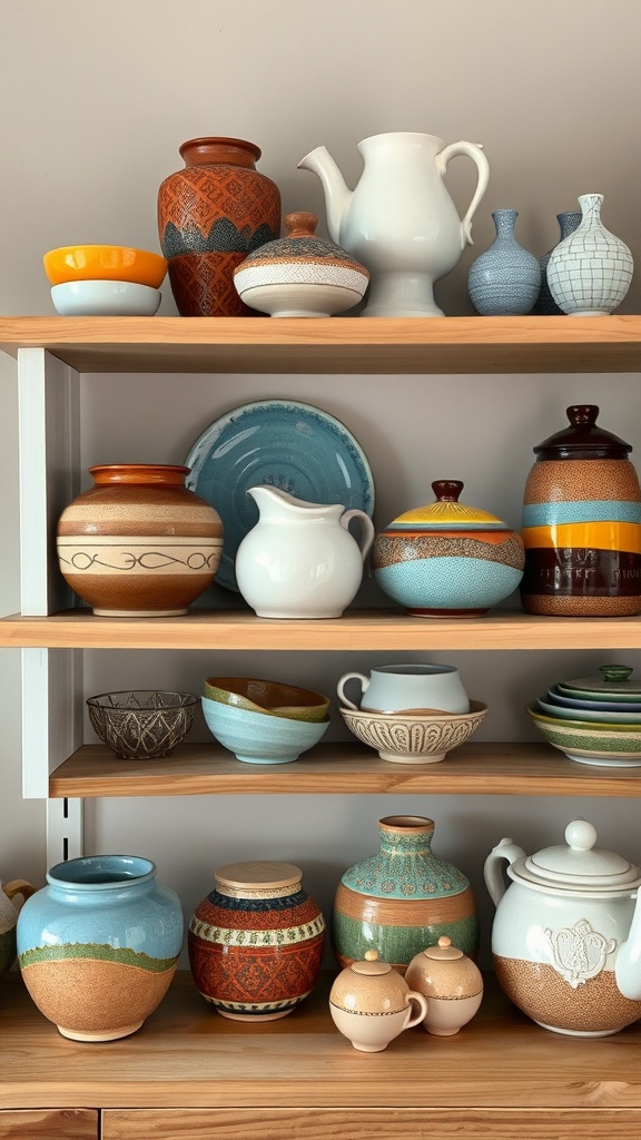 Colorful handmade pottery arranged on wooden shelves.