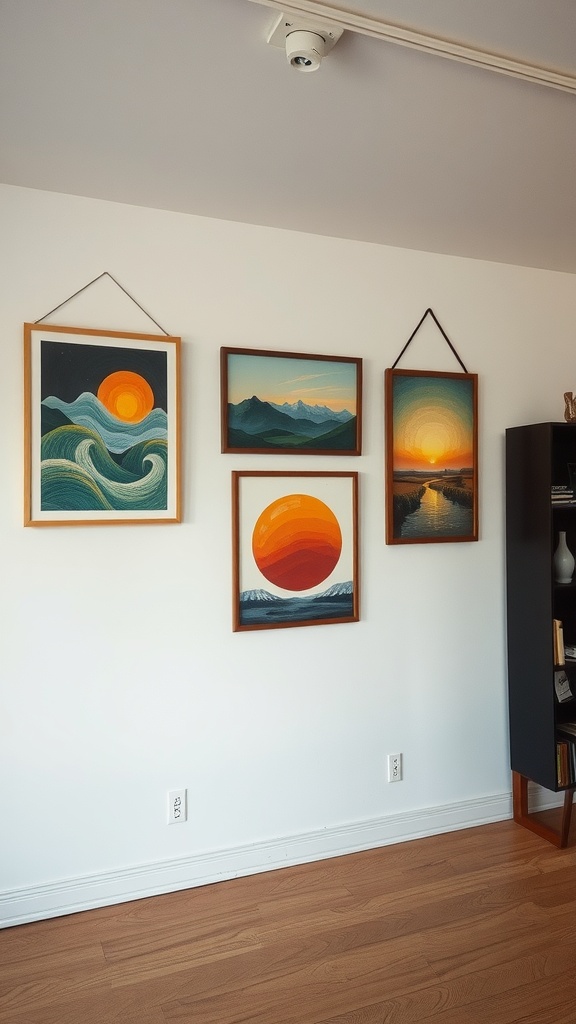 A wall displaying various colorful framed artworks, including a sun and waves.