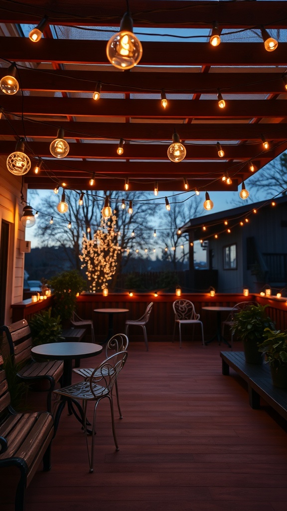 A beautifully decorated outdoor patio with hanging string lights, tables, and chairs, set up for an inviting evening atmosphere.